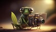 Focus on Mantis Toboggan: A Whimsical Digital Art Illustration of a Frog Wearing a Butterfly Costume and Taking a Picture of a Butterfly