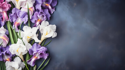 Wall Mural - Bunch of purple iris flowers background, floral border against dark background, top view. Layout for springtime holidays. Mother's day greeting card, generative ai