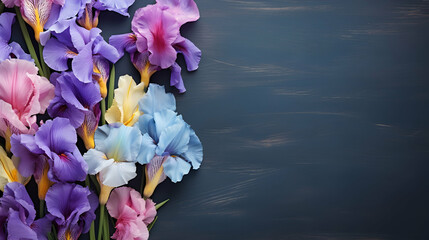 Wall Mural - Bunch of purple iris flowers background, floral border against dark background, top view. Layout for springtime holidays. Mother's day greeting card, generative ai