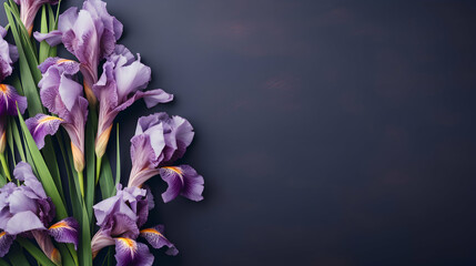 Wall Mural - Bunch of purple iris flowers background, floral border against dark background, top view. Layout for springtime holidays. Mother's day greeting card, generative ai