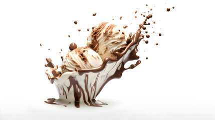 scoop of chocolate vanilla ice cream on white isolated background,  milk splash, generative ai