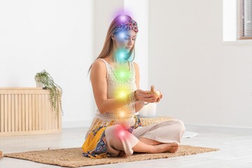 Wall Mural - Young woman with Tibetan singing bowl cleansing space and aura at home