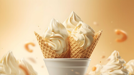 Wall Mural - White chocolate ice cream. Scoops of italian dessert with waffle cone on isolated background. Illustration for banners, landing pages and web pages with summer motifs. Copy space. Generative AI