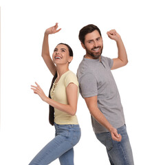 Canvas Print - Happy couple dancing together on white background