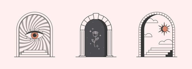 Wall Mural - Vector mystic logo design templates with portals,steps,eye,magic flower,stars,sun and moon.Surreal abstract illustrations in trendy minimal outline style.Magical emblems.Branding design templates.
