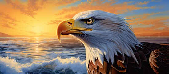 Canvas Print - In the midst of a captivating natural landscape, a majestic eagle with piercing blue eyes gazes into the sky, its white feathers contrasting against the vibrant blue sea and yellow glow of the sun