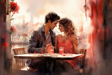 Couple On Romantic Date On Valentine's Day In Candlelit Cafe Adorned With Red Roses Decorations In Pastel Tones, Soft Warm Light