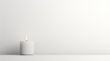  A White Candle On A White Table With A White Wall In The Background And A White Wall In The Foreground.