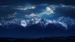  a night scene of a mountain range with the moon in the sky and clouds in the sky with the mountains in the foreground.