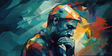 Wall Mural - Pensive sad man in low poly style. Abstract colorful background. Mental Diseases Concept. Mental Problems. Loneliness.