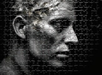 Wall Mural - Portrait of a sad man combined with a puzzle. Mental Diseases Concept. Mental Problems. Loneliness.