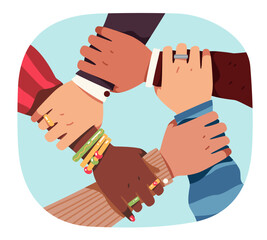 Ring of people hands as teamwork concept. Many diverse multi-ethnic group team holding hands together in circle for cooperation. Community, togetherness, agreement concept flat vector illustration