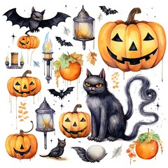 Fototapete - Collection of Halloween-themed watercolor elements on a white background, ghost, pumpkin, black cat, and bats, Watercolor illustrations