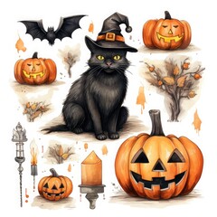 Fototapete - Enchanting Halloween Watercolor Collection Bewitching Array of Spooky Vector Elements Hauntingly Delightful Designs