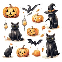 Fototapete - Spooky Watercolor Vector Elements for Halloween Realm of Eerie Charm with This Hauntingly Beautiful Illustration Set