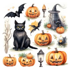 Fototapete - Eerie Vector Graphics Halloween Watercolor Edition Mesmerizing Compilation of Ghosts, Pumpkins Design Delight