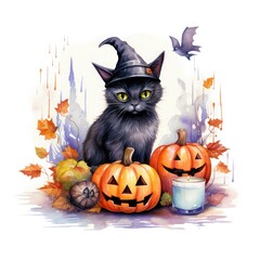 Fototapete - Creepy and Cute Halloween Vector Art in Watercolor Touch of Charm to the Spookiness Captivating Watercolor Illustration Set