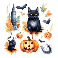 Fototapete - Collection of Halloween elements watercolor vector illustration