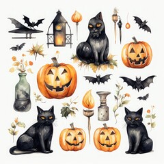 Fototapete - Watercolor Halloween Elements Collection of Hauntingly Beautiful Vector Art