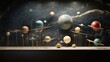  a model of the solar system with all the planets on display in front of a marble wall with a black background.