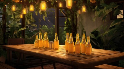 Canvas Print - In the vintage garden celebration, a wooden table adorned with retro designs holds glasses filled with bubbly wheat beer, emanating a warm glow from the light fixture above, showcasing the organic