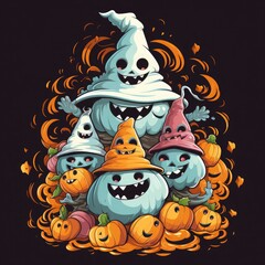 Aufkleber - Halloween ghosts and pumpkins laughing with white hat in black background vector illustration