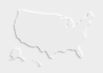 Poster - White map of the United States of America (USA, America) on white background with shadow or 3d effect. High resolution modern and clean map with states in black and white.