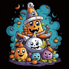 Aufkleber - Halloween ghosts and pumpkins laughing with white hat in black background vector illustration