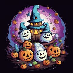 Aufkleber - Halloween ghosts and pumpkins laughing with white hat in black background vector illustration