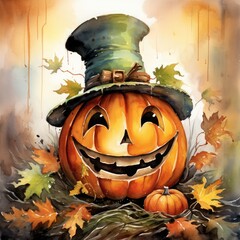 Aufkleber - Halloween watercolor friendly pumpkins smile and colorful autumn leaves in white background