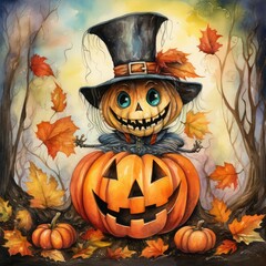 Aufkleber - Halloween watercolor friendly pumpkins smile and colorful autumn leaves in white background