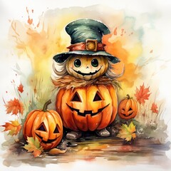 Aufkleber - Halloween watercolor friendly pumpkins smile and colorful autumn leaves in white background