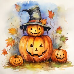Aufkleber - Halloween watercolor friendly pumpkins smile and colorful autumn leaves in white background