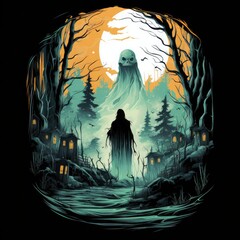 Aufkleber - Spooky and mysterious Halloween vector t-shirt design on a white background, a haunted forest, eerie shadows Vector art