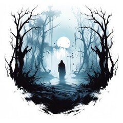 Aufkleber - Spooky and mysterious Halloween vector t-shirt design on a white background, a haunted forest, eerie shadows Vector art