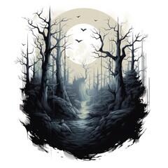 Aufkleber - Spooky and mysterious Halloween vector t-shirt design on a white background, a haunted forest, eerie shadows Vector art