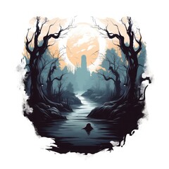 Aufkleber - Spooky and mysterious Halloween vector t-shirt design on a white background, a haunted forest, eerie shadows Vector art
