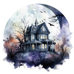 Fototapete - Spooky and mysterious Halloween watercolor design on a white background, a haunted house moonlit night, and eerie shadows, Watercolor illustration