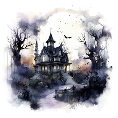 Fototapete - Halloween watercolor vector design white background, haunted house moonlit night with eerie shadows Watercolor illustration