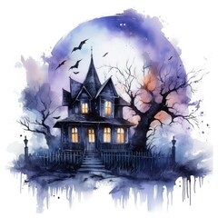 Fototapete - Spooky and mysterious Halloween watercolor design on a white background, a haunted house moonlit night, and eerie shadows, Watercolor illustration