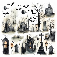 Aufkleber - Spooky and mysterious set of Halloween watercolor elements on a white background, including eerie gravestones, ominous bats, and dark trees, Watercolor illustrations with emphasis