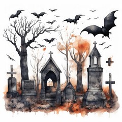 Aufkleber - Spooky and mysterious set of Halloween watercolor elements on a white background