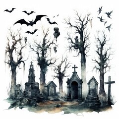 Aufkleber - Spooky and mysterious set of Halloween watercolor elements on a white background, including eerie gravestones, ominous bats, and dark trees, Watercolor illustrations
