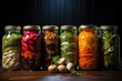 Autumn seasonal pickled or fermented vegetables in jars placed in row over vintage kitchen drawer, copy space. Fall home food preservation and canning