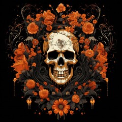 Fototapete - Ghost skeleton t-shirt design, spiderwebs and autumn flowers with skeleton