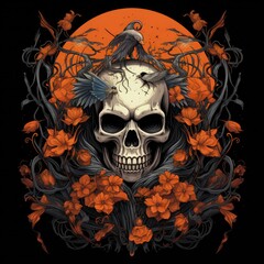 Fototapete - Ghost skeleton t-shirt design, spiderwebs and autumn flowers with skeleton
