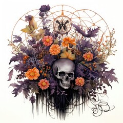Fototapete - Ghost skeleton t-shirt design, spiderwebs and autumn flowers with skeleton