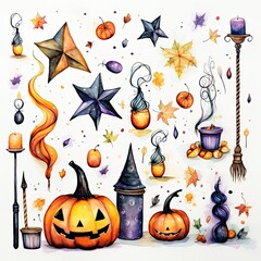 Fototapete - Watercolor Halloween elements set on white background, with smiling jack-o'-lanterns, candy corn, witches' brooms, and colorful stars