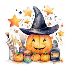 Fototapete - Watercolor Halloween elements set on white background, with smiling jack-o'-lanterns, candy corn, witches' brooms, and colorful stars