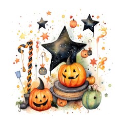 Fototapete - Watercolor Halloween elements set on white background, with smiling jack-o'-lanterns, candy corn, witches' brooms, and colorful stars